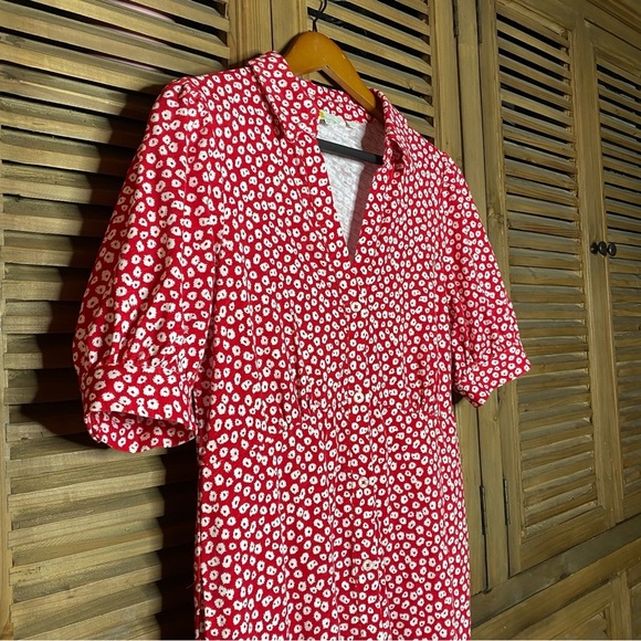 Boden cherry pink/red floral Button 100% cotton Jersey Mini Tea comfy Dress SZ-8 - Picture 6 of 9